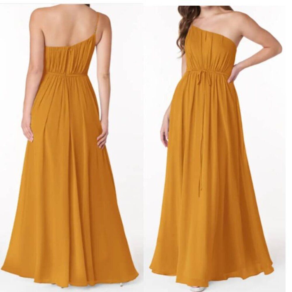 Azazie One-Shoulder Chiffon Gown in Mustard NWT